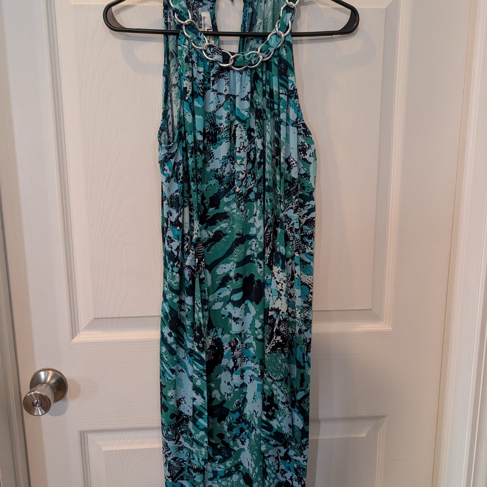 Donna Ricco Teal and Aqua Halter Maxi Dress with Chain Detail
